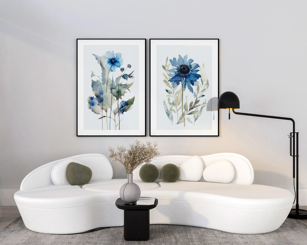 Navy blue spring meadow floral watercolor wall art set of 2 with wildflowers and grasses
