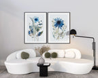 Navy blue spring meadow floral watercolor wall art set of 2 with wildflowers and grasses