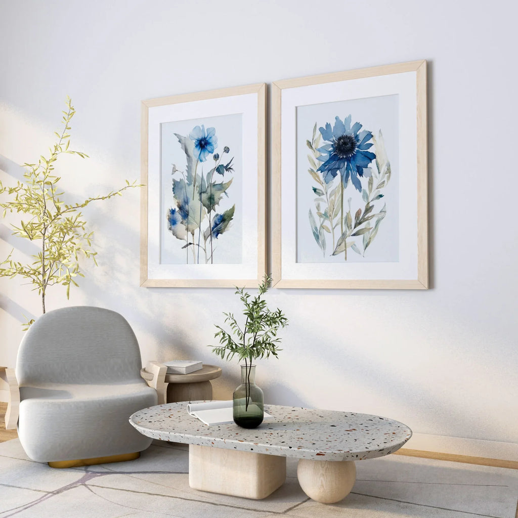 Navy blue spring meadow floral watercolor wall art set of 2 with wildflowers and grasses