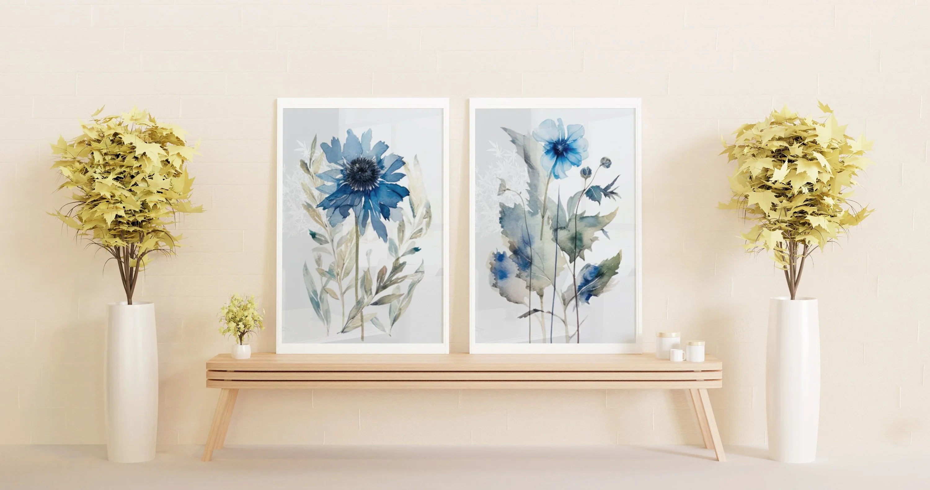 Navy blue spring meadow floral watercolor wall art set of 2 with wildflowers and grasses