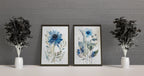 Navy blue spring meadow floral watercolor wall art set of 2 with wildflowers and grasses