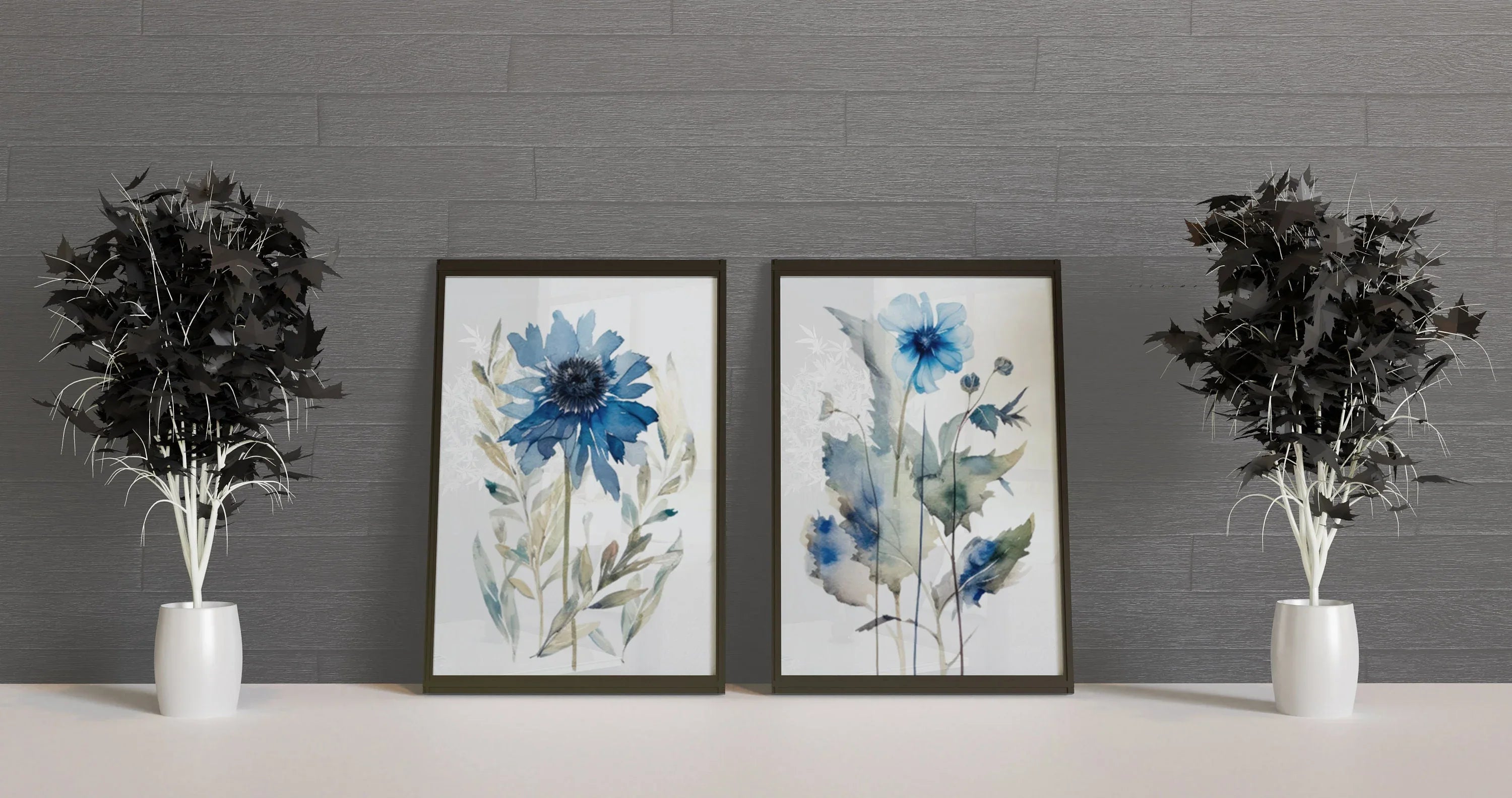 Navy blue spring meadow floral watercolor wall art set of 2 with wildflowers and grasses