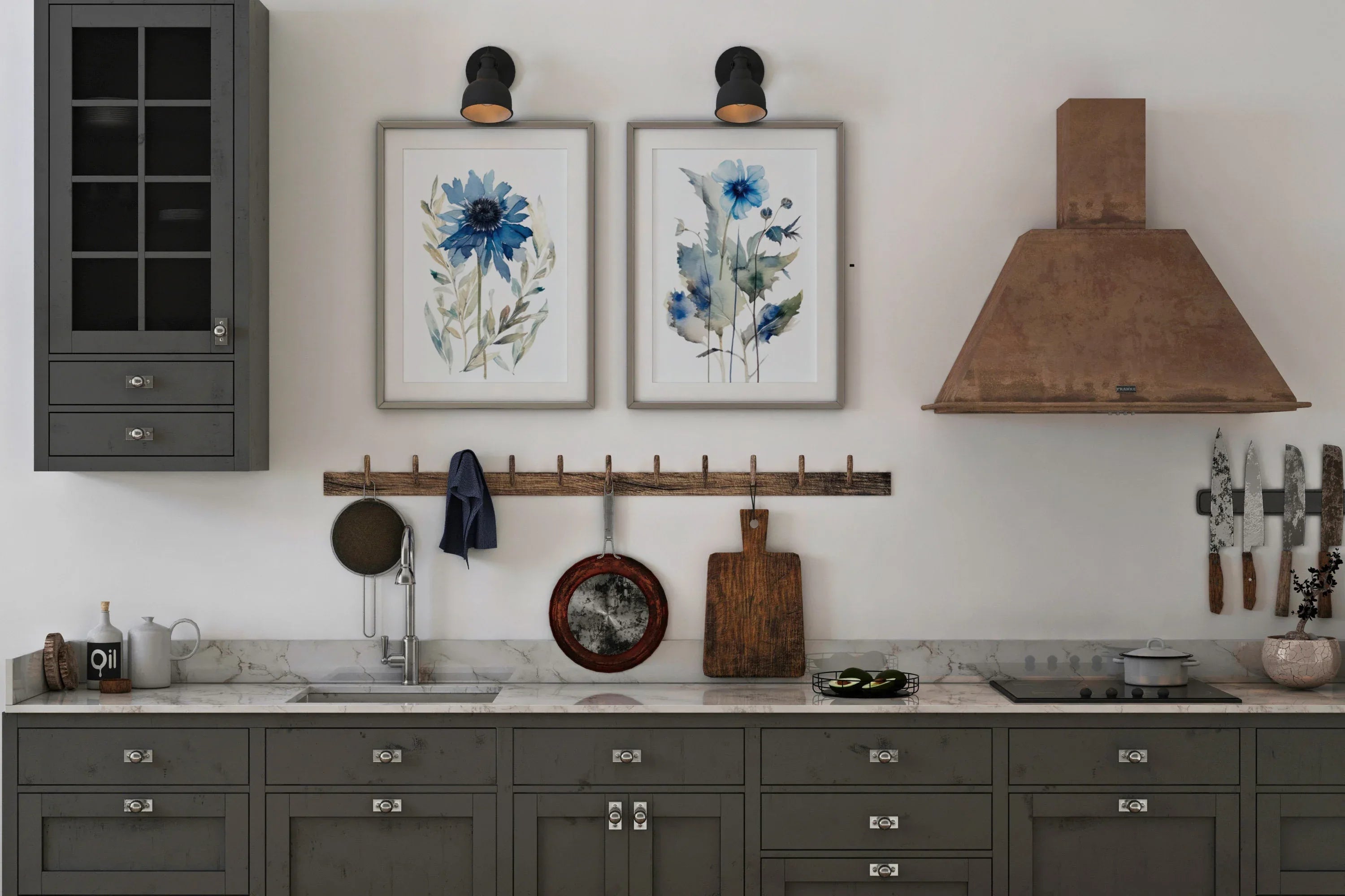 Navy blue spring meadow floral watercolor wall art set of 2 with wildflowers and grasses