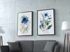 Navy blue spring meadow floral watercolor wall art set of 2 with wildflowers and grasses