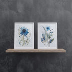Navy blue spring meadow floral watercolor wall art set of 2 with wildflowers and grasses