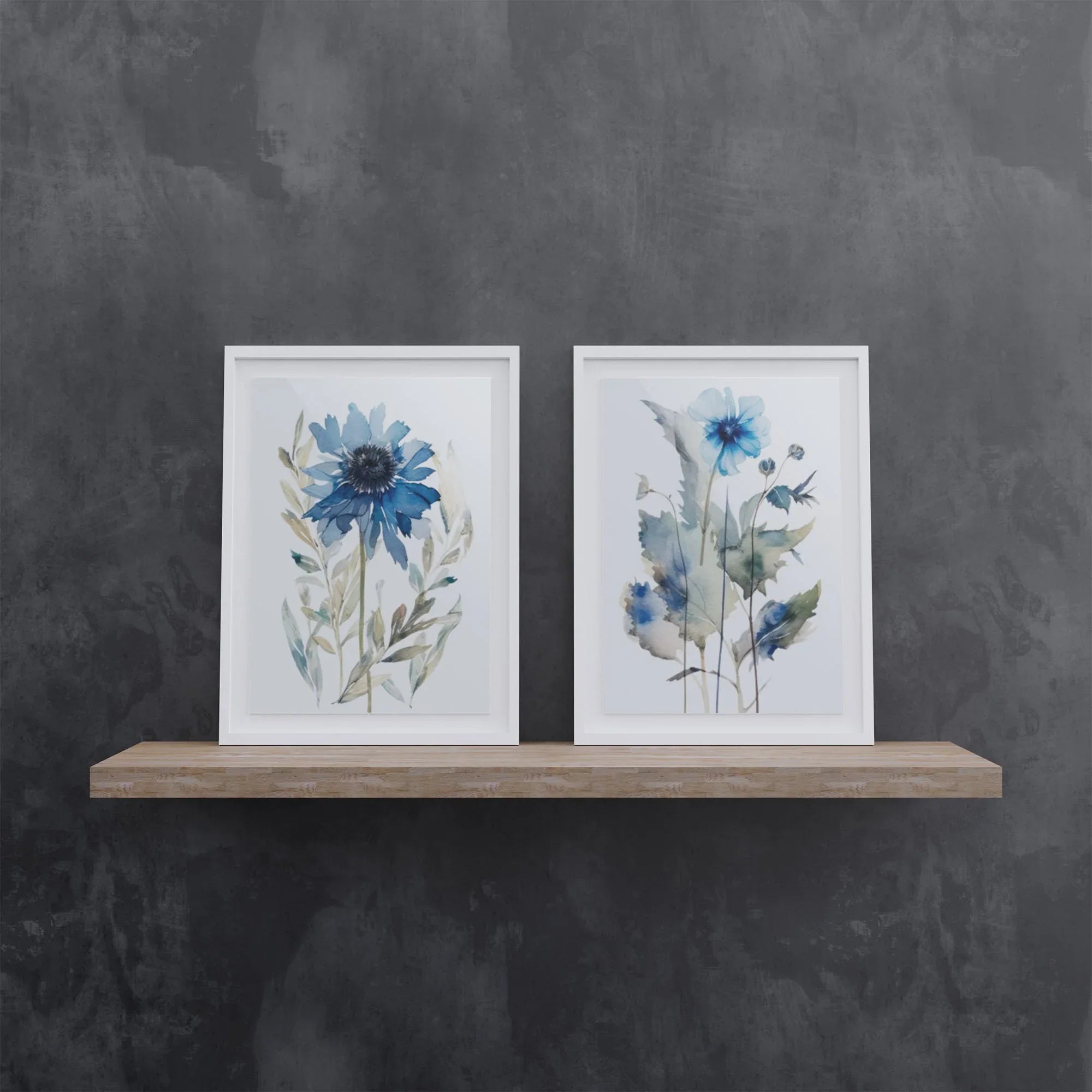 Navy blue spring meadow floral watercolor wall art set of 2 with wildflowers and grasses