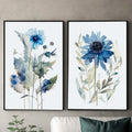 Navy blue spring meadow floral watercolor wall art set of 2 with wildflowers and grasses