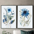 Navy blue spring meadow floral watercolor wall art set of 2 with wildflowers and grasses