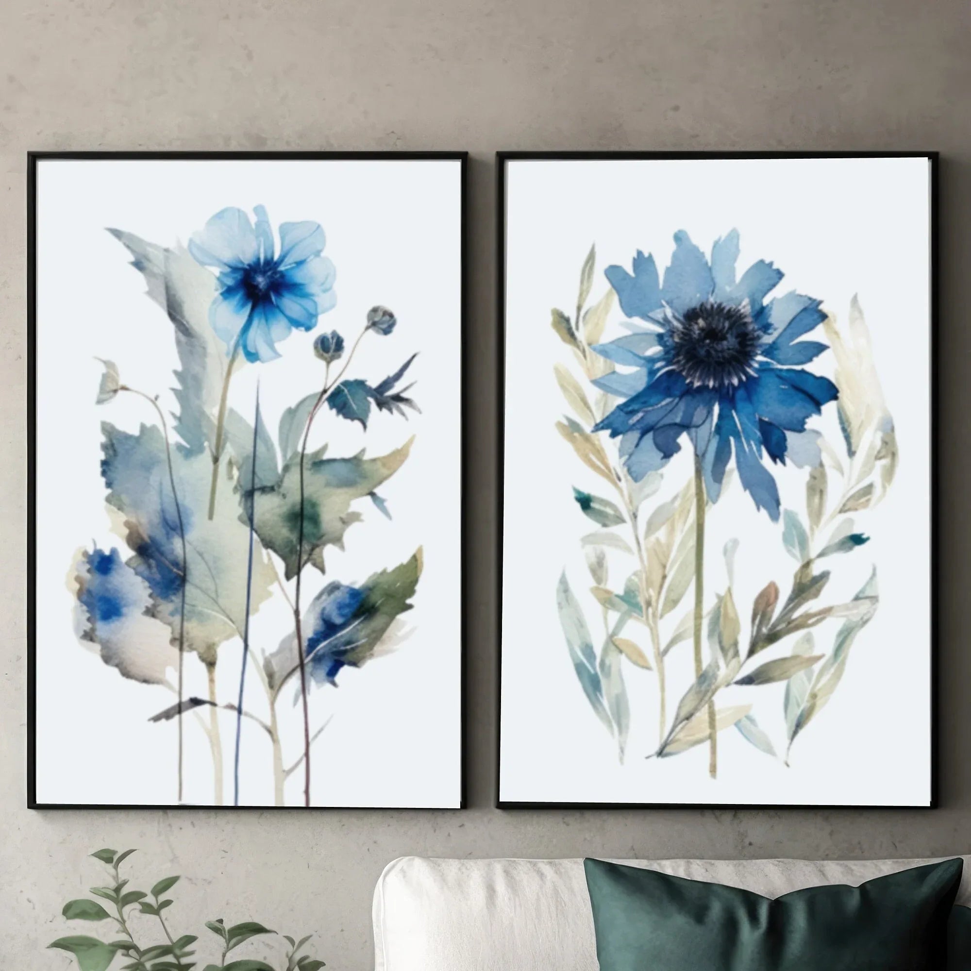 Navy blue spring meadow floral watercolor wall art set of 2 with wildflowers and grasses