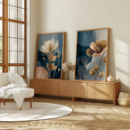 Navy blue and gold floral botanical wall art set of 2 with translucent flower design