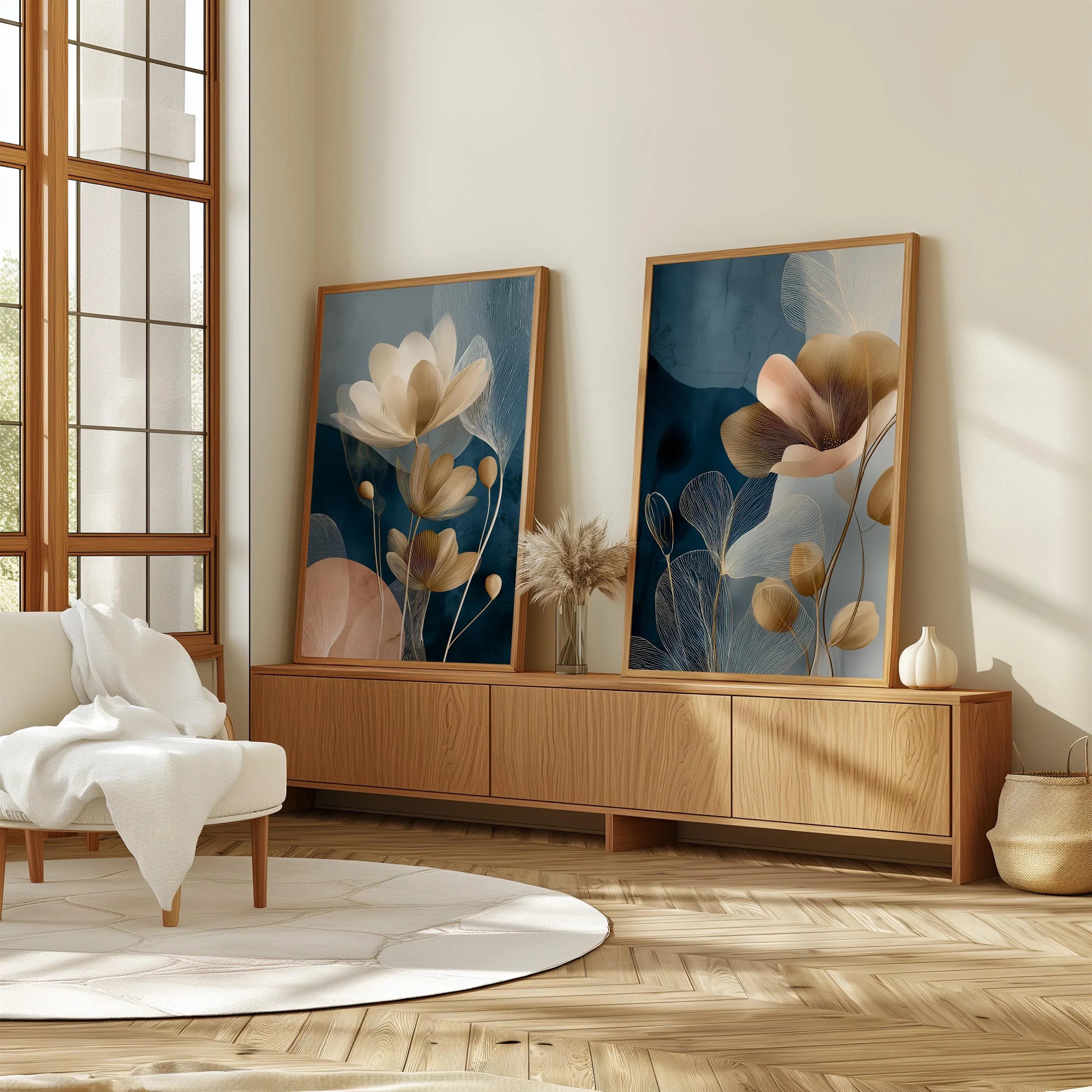 Navy blue and gold floral botanical wall art set of 2 with translucent flower design