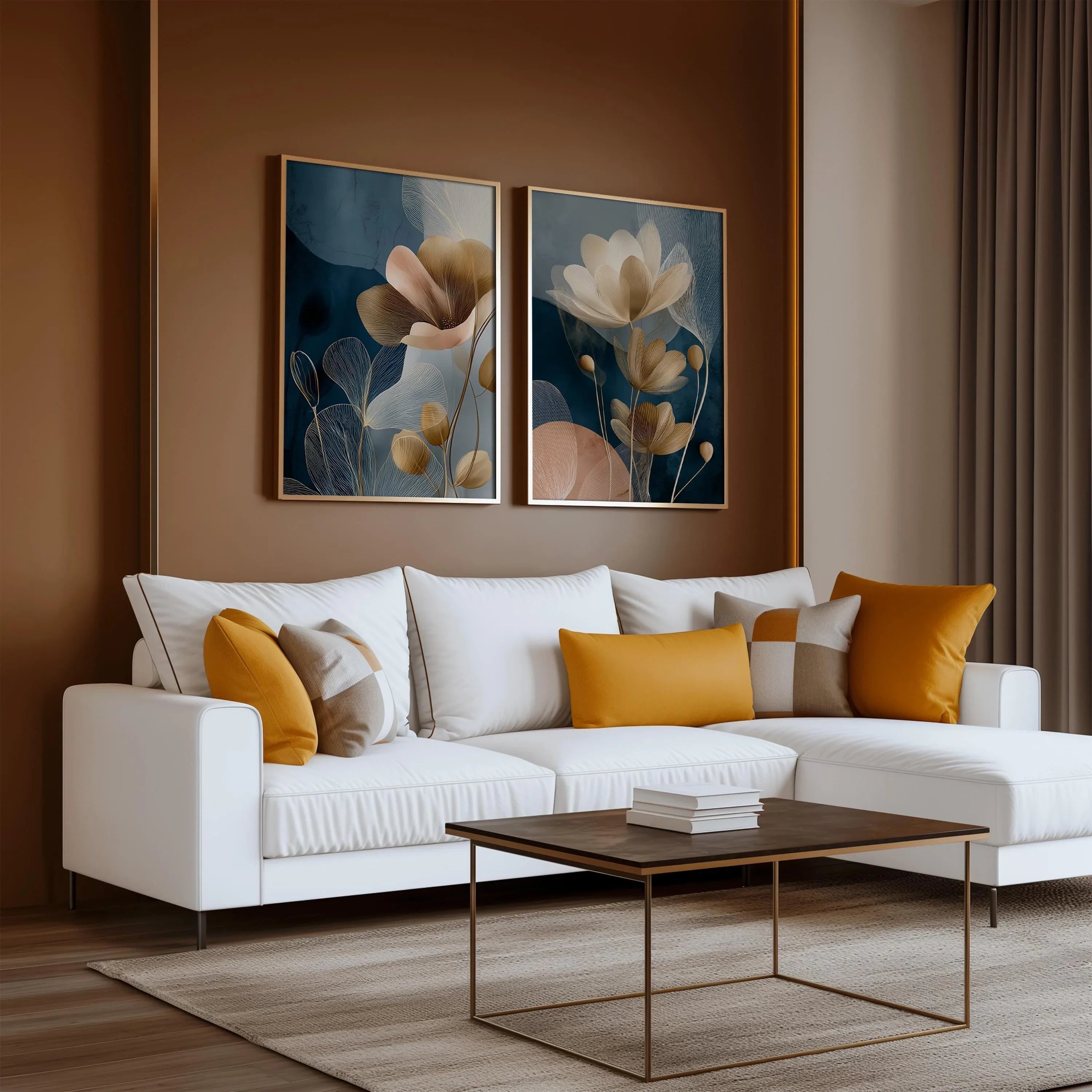 Navy blue and gold floral botanical wall art set of 2 with translucent flower design