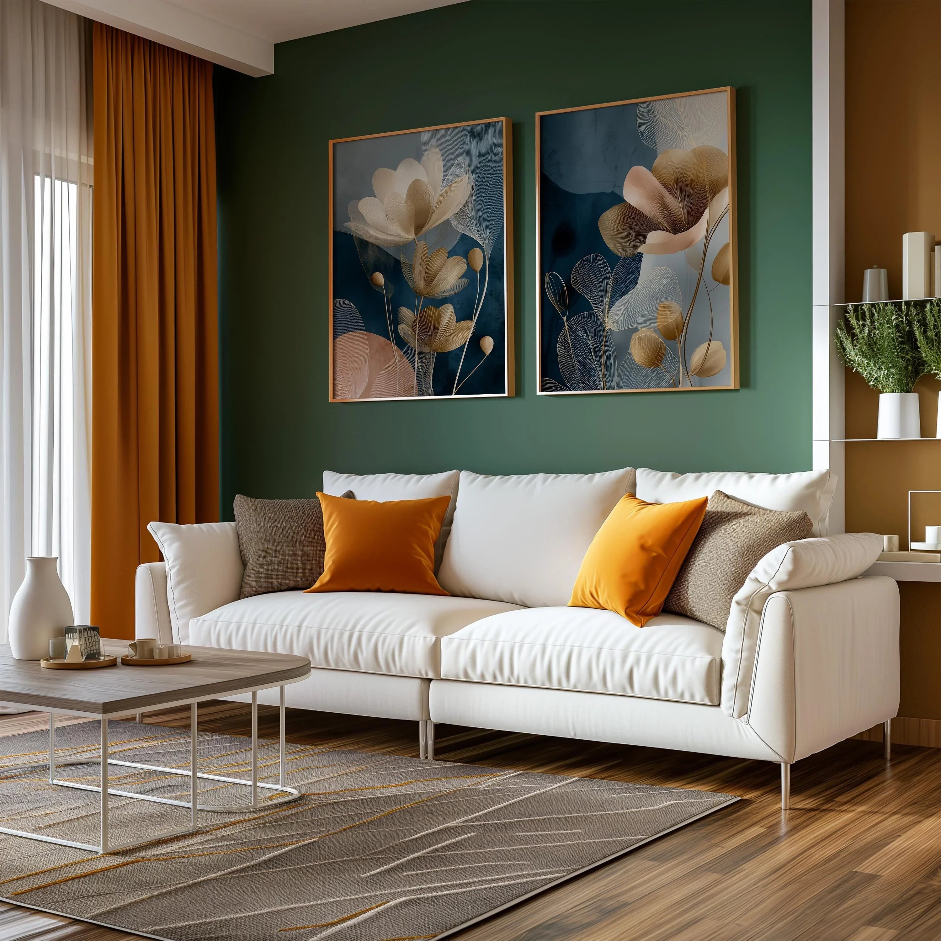 Navy blue and gold floral botanical wall art set of 2 with translucent flower design