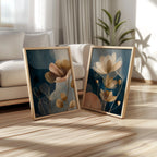Navy blue and gold floral botanical wall art set of 2 with translucent flower design