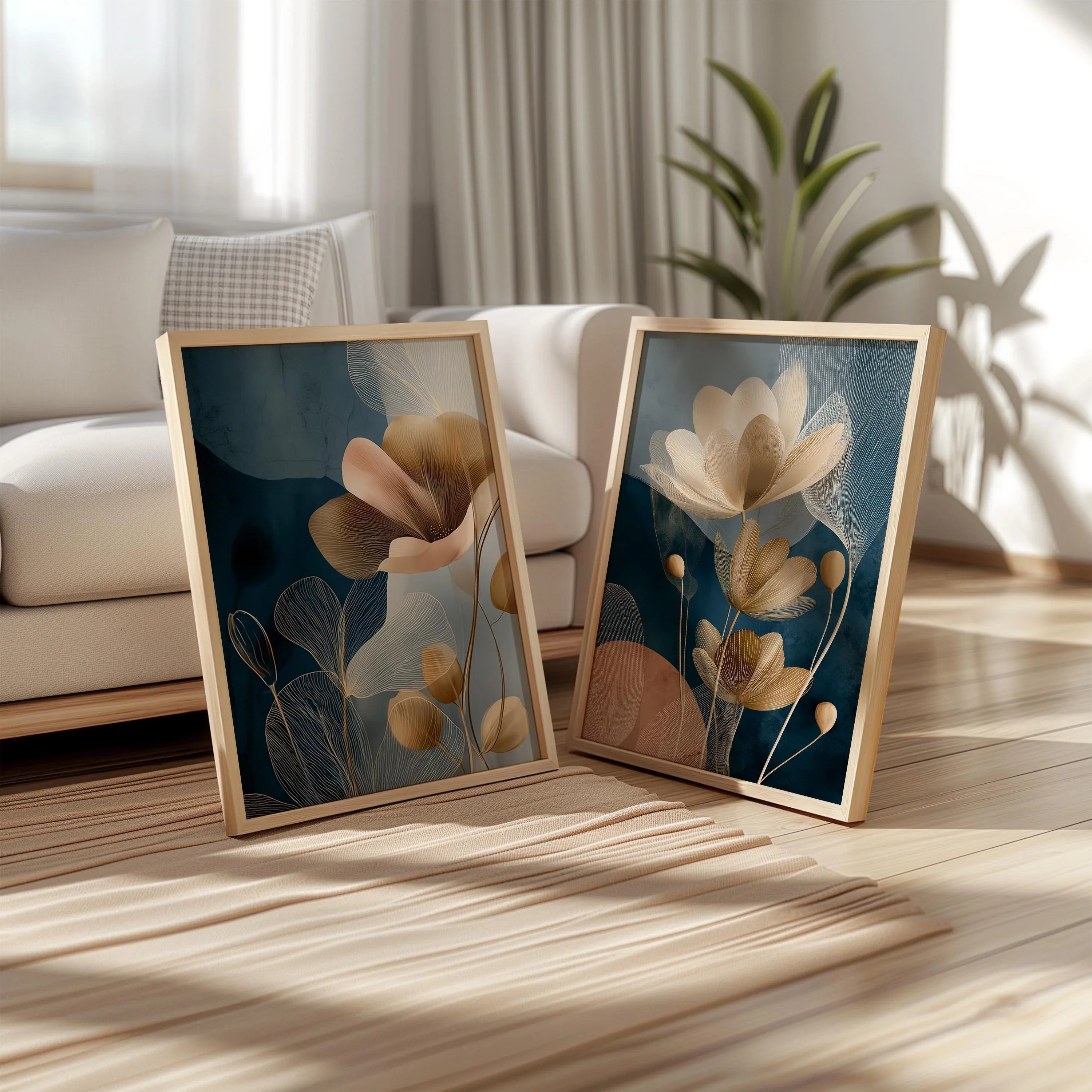 Navy blue and gold floral botanical wall art set of 2 with translucent flower design
