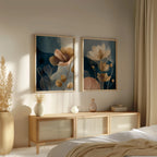 Navy blue and gold floral botanical wall art set of 2 with translucent flower design