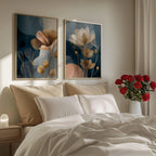 Navy blue and gold floral botanical wall art set of 2 with translucent flower design