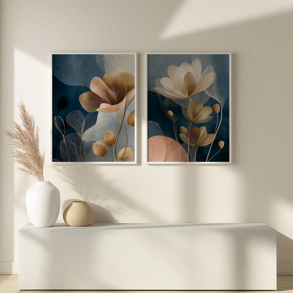 Navy blue and gold floral botanical wall art set of 2 with translucent flower design