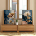 Navy blue and gold floral botanical wall art set of 2 with translucent flower design