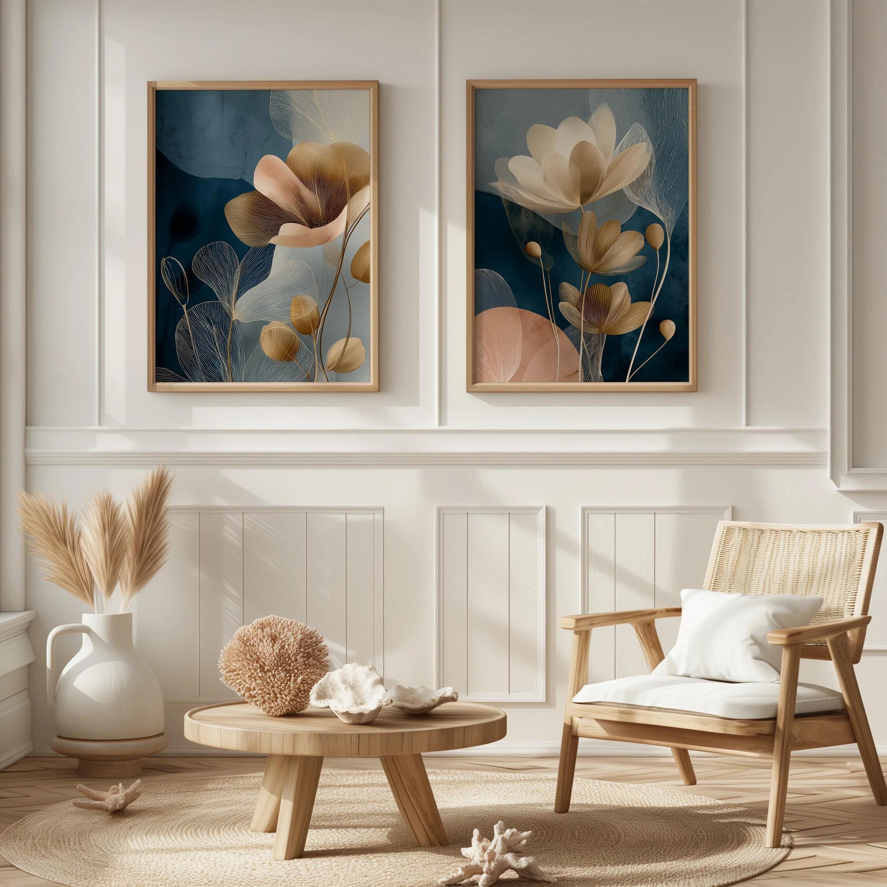 Navy blue and gold floral botanical wall art set of 2 with translucent flower design