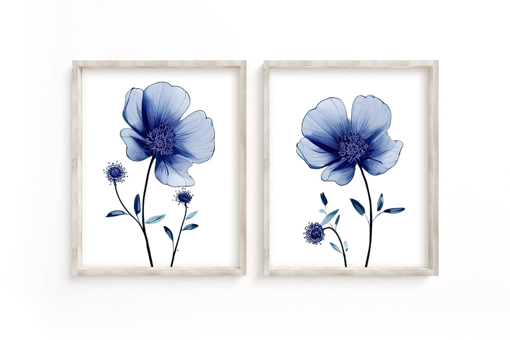 Navy blue wildflower watercolor wall art set of 2 featuring dried meadow flowers