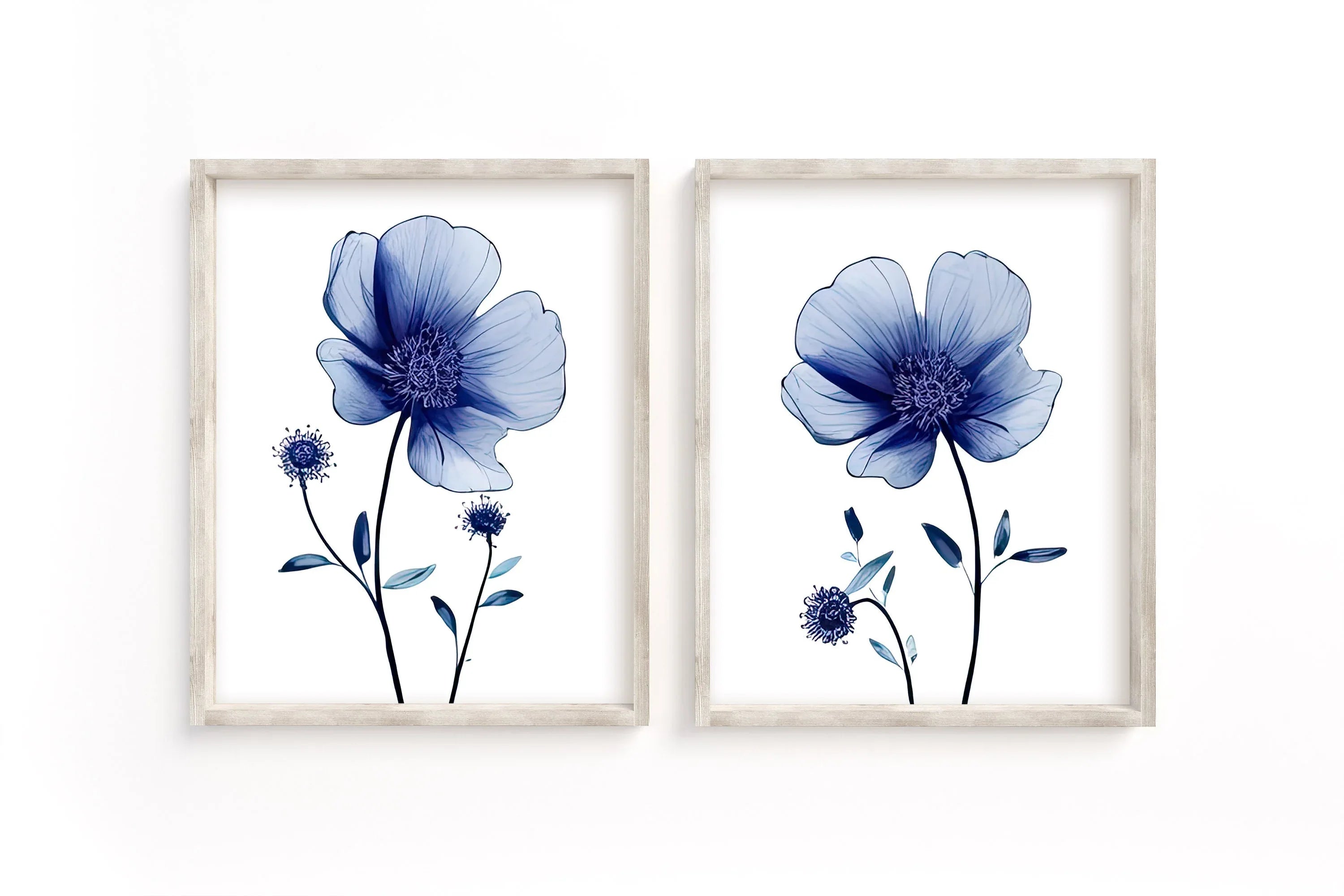 Navy blue wildflower watercolor wall art set of 2 featuring dried meadow flowers