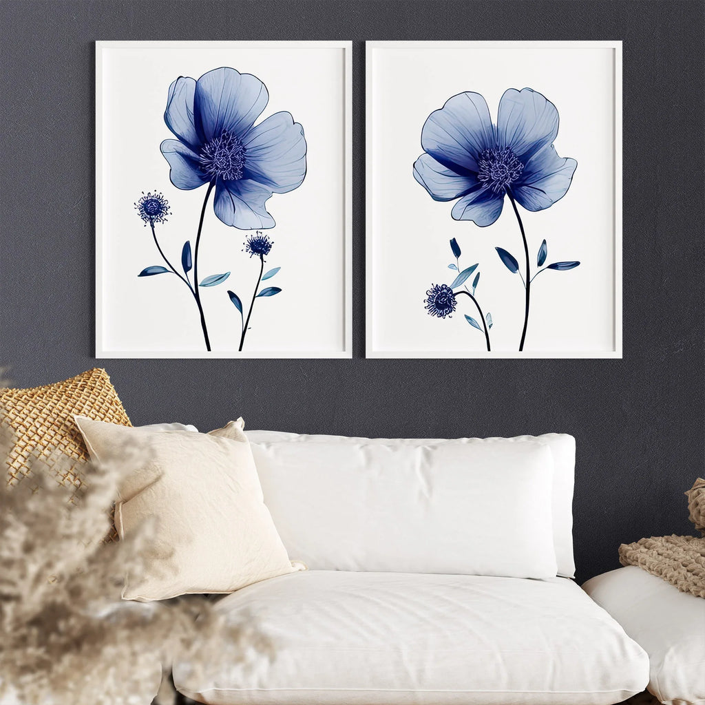 Navy blue wildflower watercolor wall art set of 2 featuring dried meadow flowers