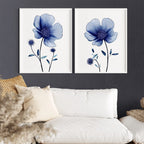 Navy blue wildflower watercolor wall art set of 2 featuring dried meadow flowers