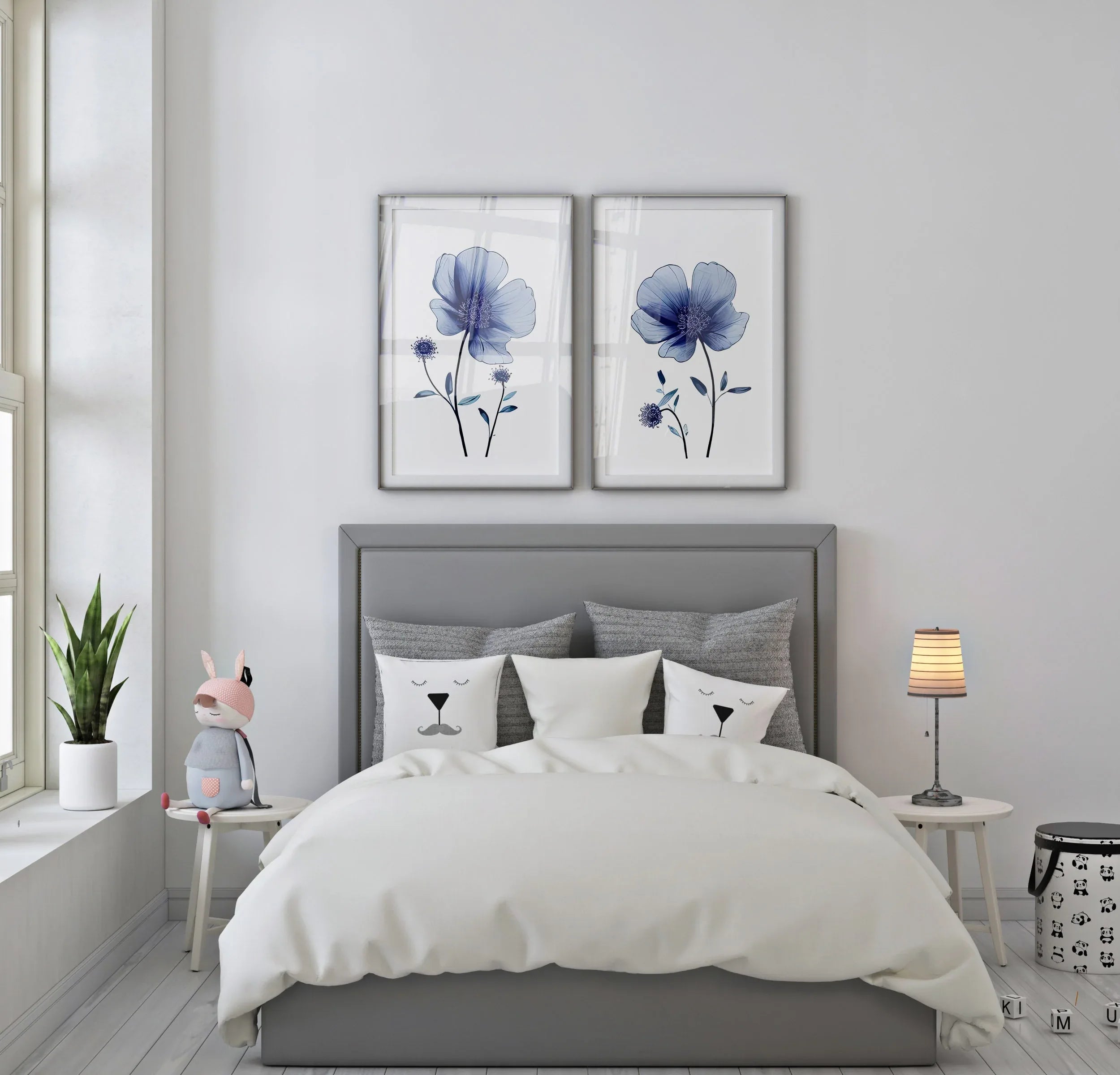 Navy blue wildflower watercolor wall art set of 2 featuring dried meadow flowers