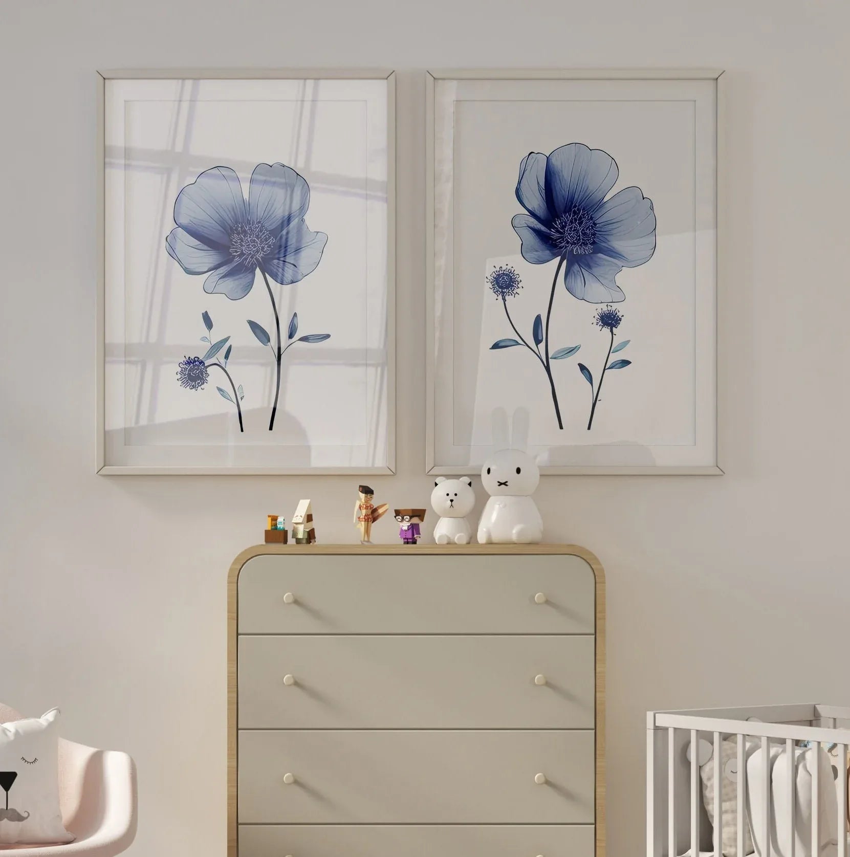 Navy blue wildflower watercolor wall art set of 2 featuring dried meadow flowers