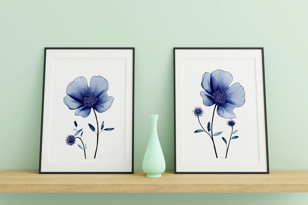 Navy blue wildflower watercolor wall art set of 2 featuring dried meadow flowers