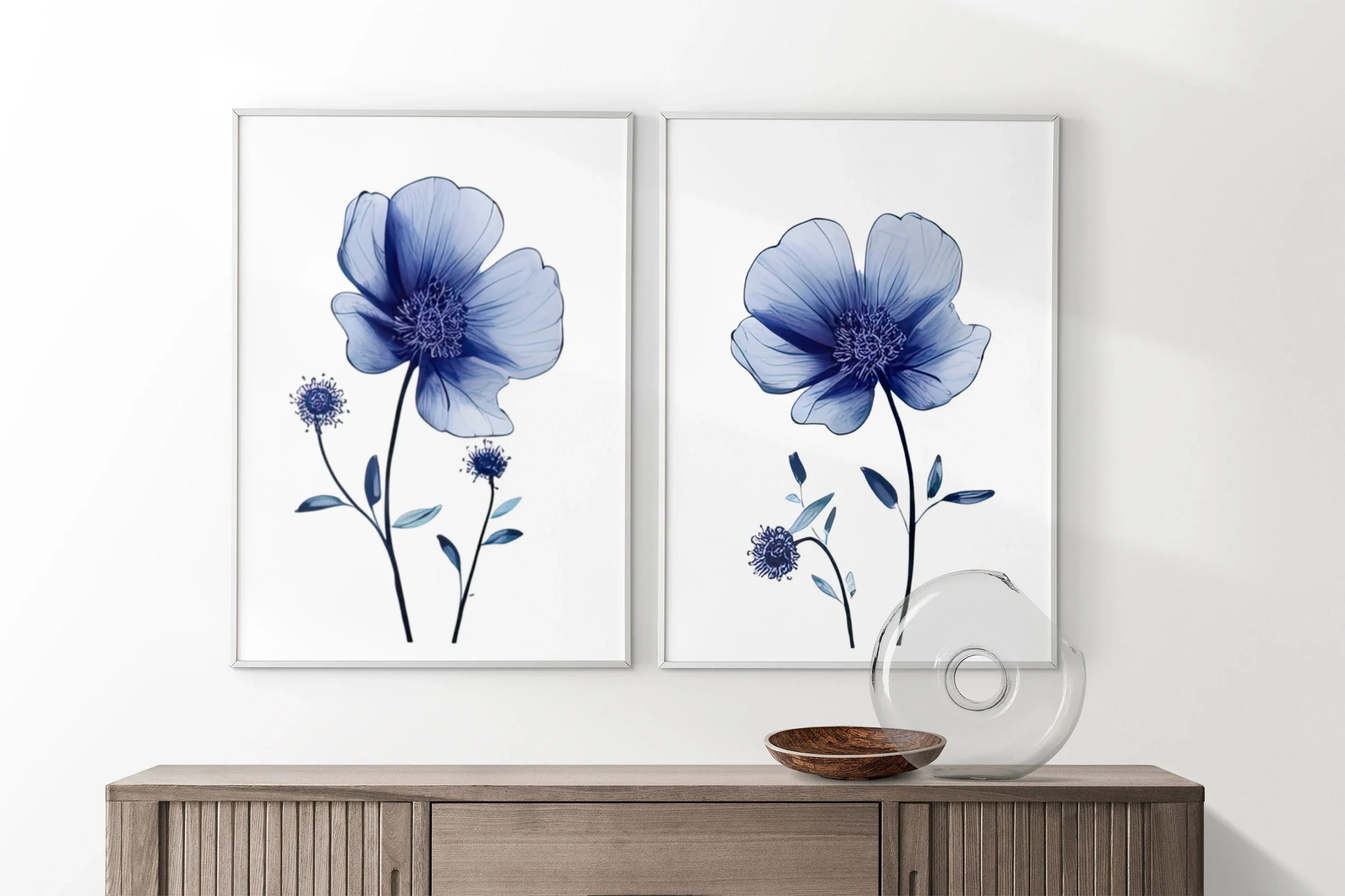 Navy blue wildflower watercolor wall art set of 2 featuring dried meadow flowers
