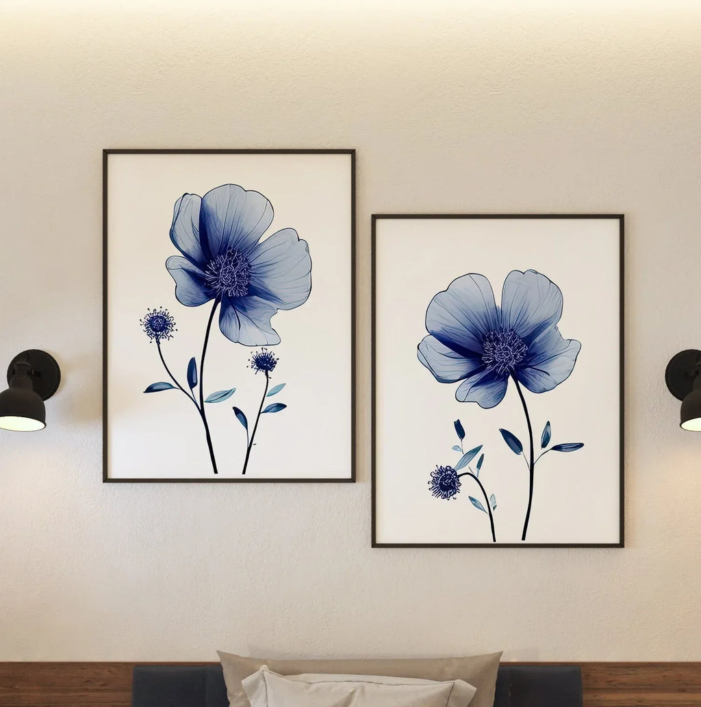 Navy blue wildflower watercolor wall art set of 2 featuring dried meadow flowers