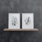 Navy blue wildflower watercolor meadow wall art set in contemporary wooden frame