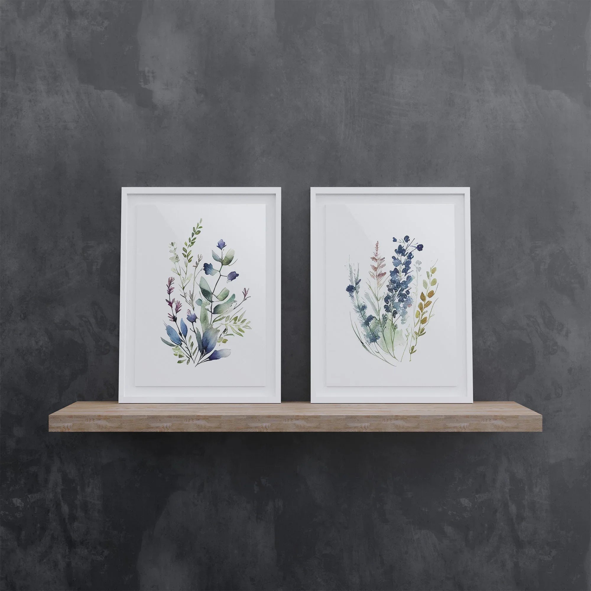 Navy blue wildflower watercolor meadow wall art set in contemporary wooden frame