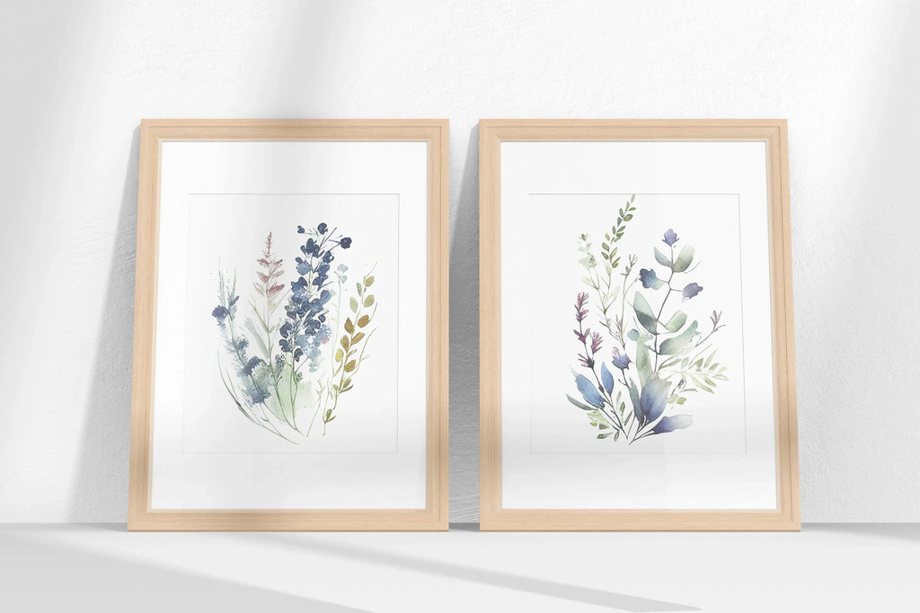 Navy blue wildflower watercolor meadow wall art set in contemporary wooden frame
