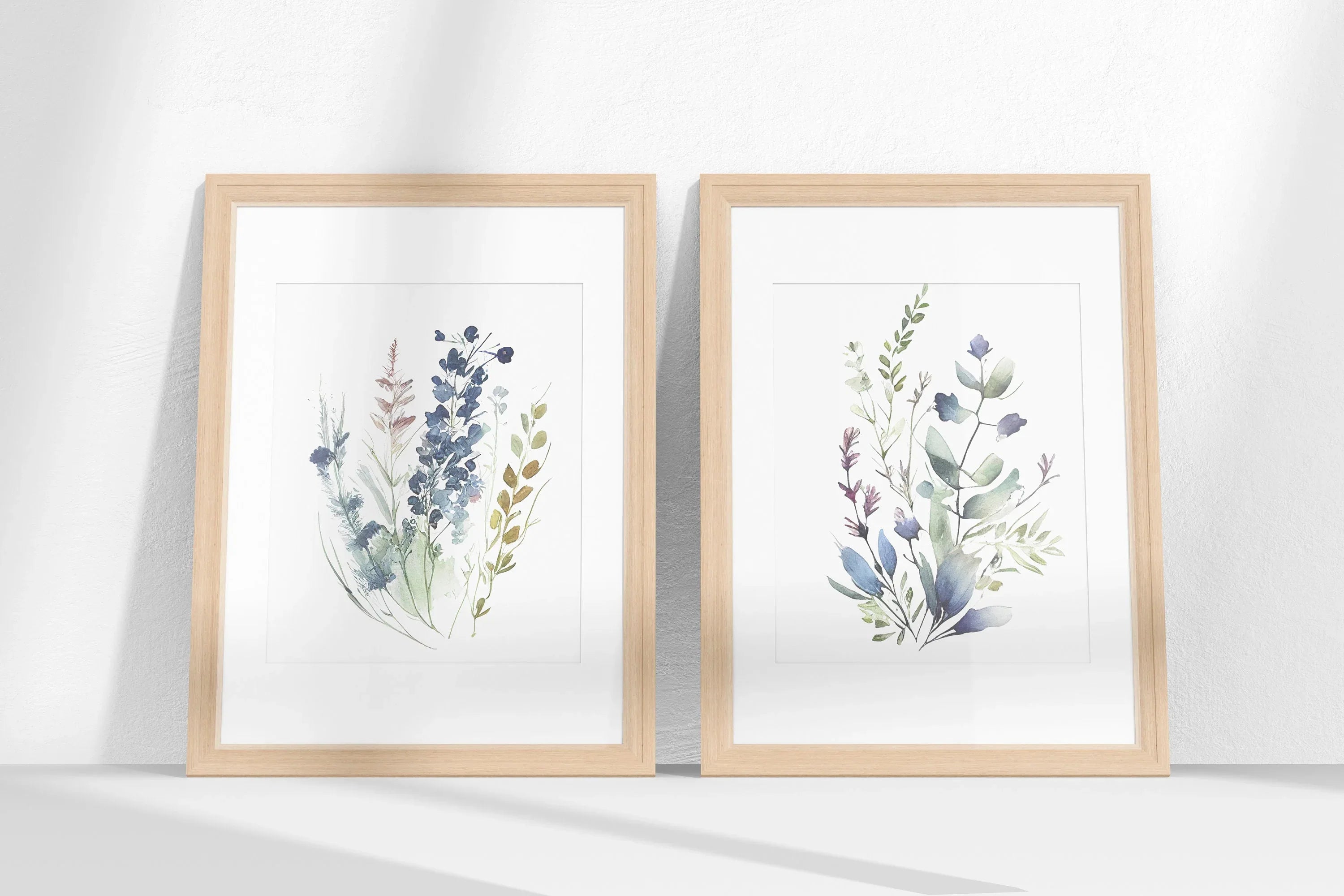 Navy blue wildflower watercolor meadow wall art set in contemporary wooden frame