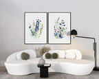 Navy blue wildflower watercolor meadow wall art set in contemporary wooden frame