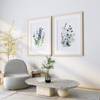 Navy blue wildflower watercolor meadow wall art set in contemporary wooden frame