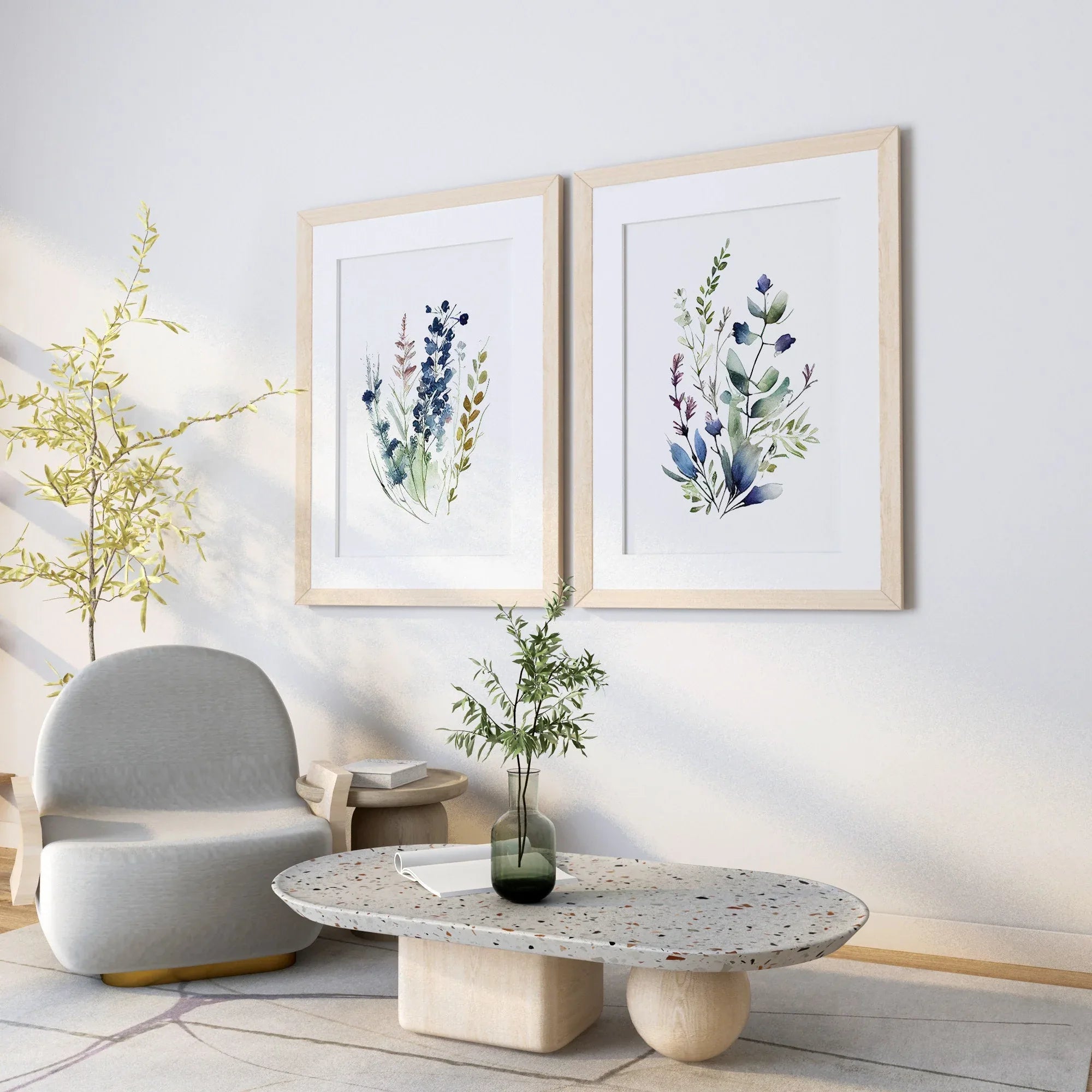 Navy blue wildflower watercolor meadow wall art set in contemporary wooden frame