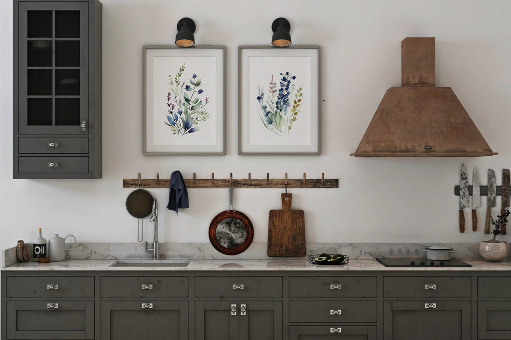 Navy blue wildflower watercolor meadow wall art set in contemporary wooden frame