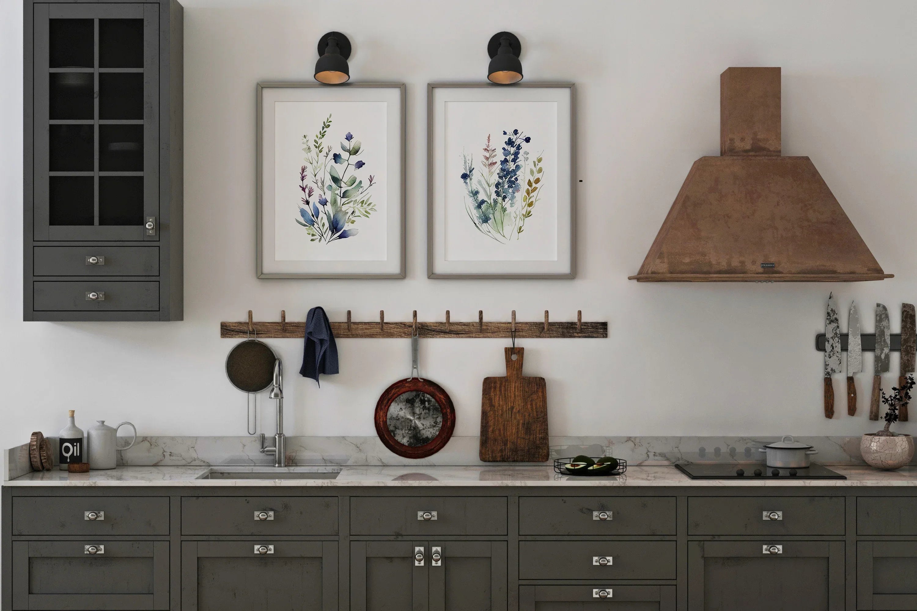 Navy blue wildflower watercolor meadow wall art set in contemporary wooden frame