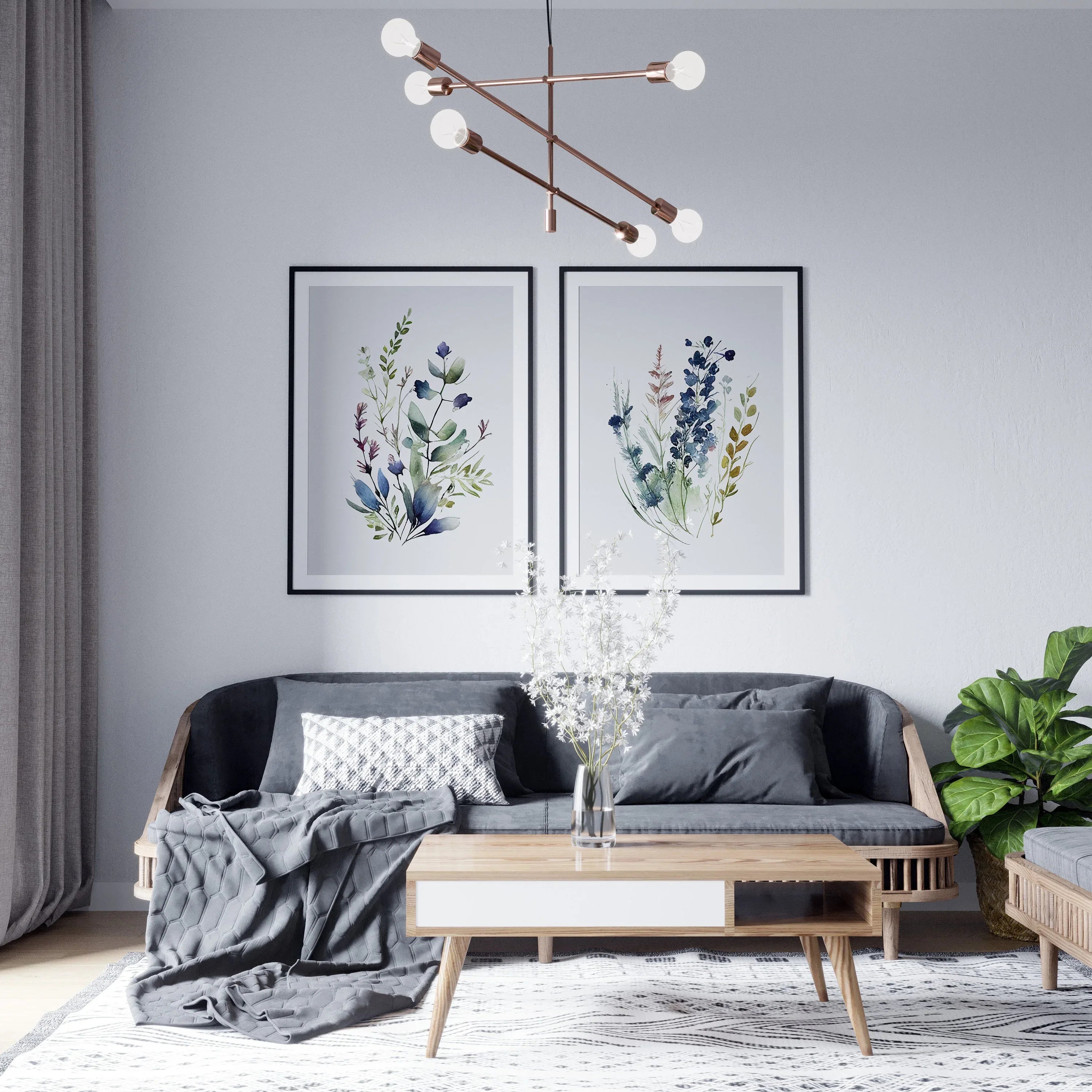 Navy blue wildflower watercolor meadow wall art set in contemporary wooden frame