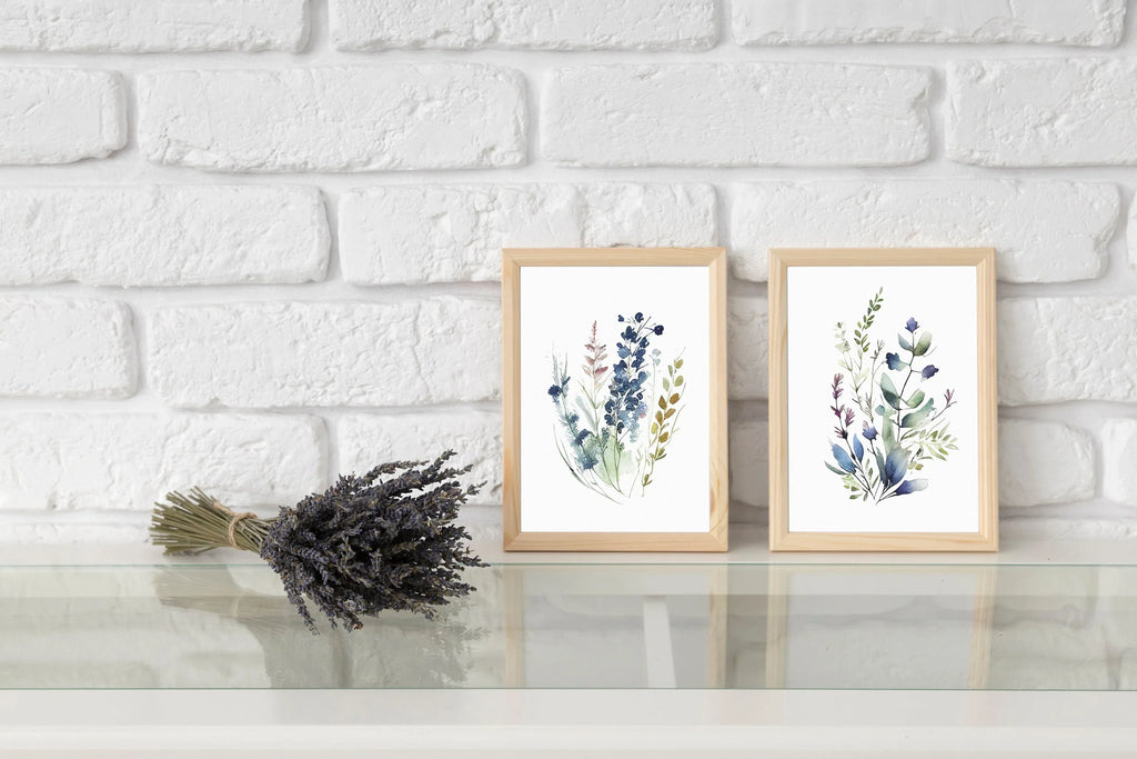 Navy blue wildflower watercolor meadow wall art set in contemporary wooden frame