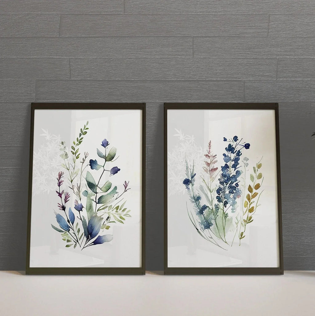 Navy blue wildflower watercolor meadow wall art set in contemporary wooden frame