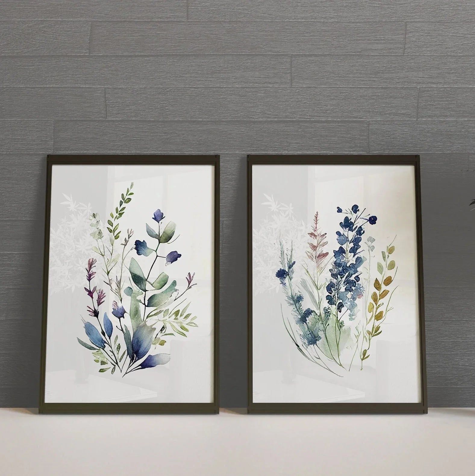 Navy blue wildflower watercolor meadow wall art set in contemporary wooden frame
