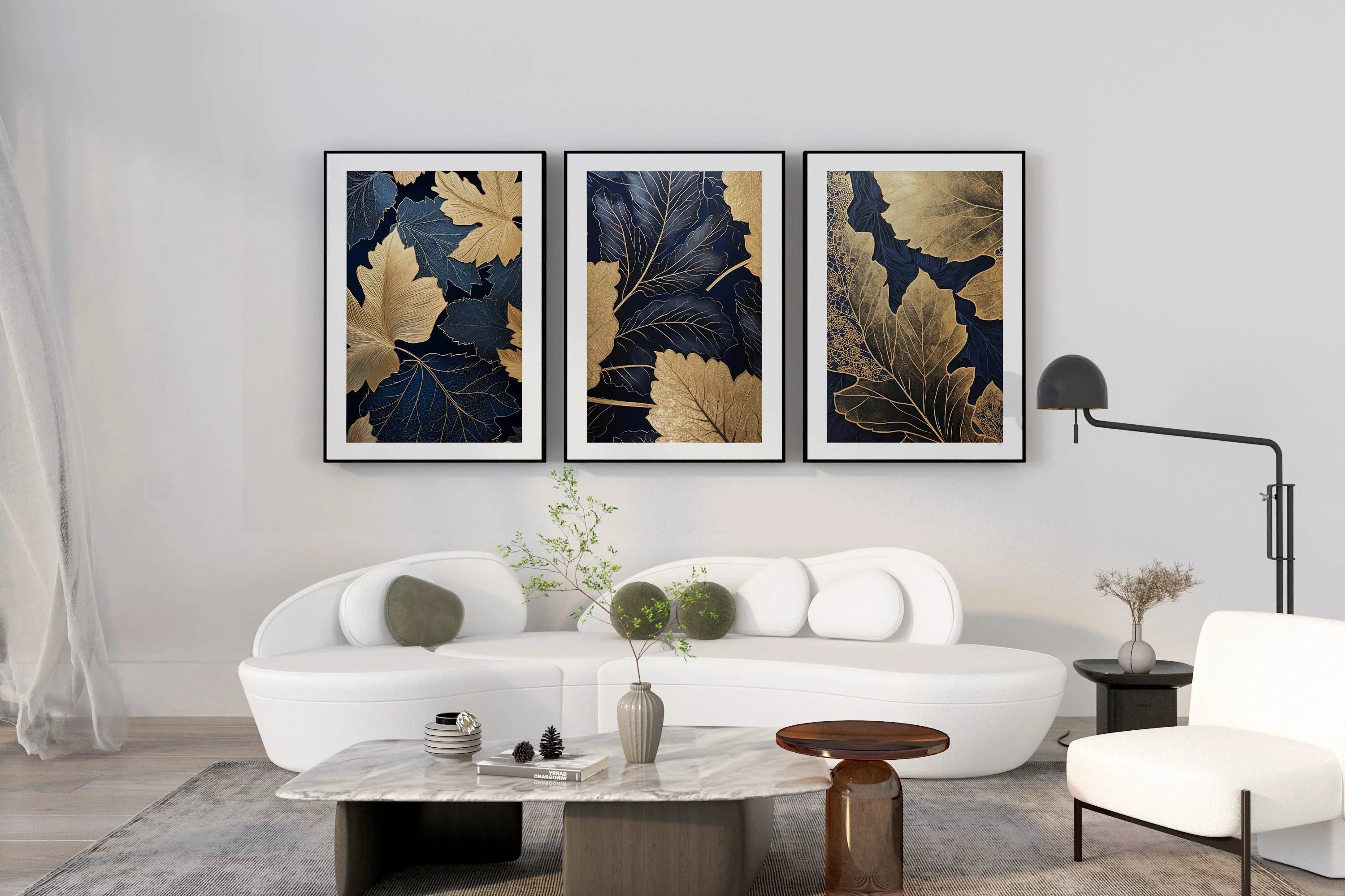 Navy blue and gold botanical leaf wall art set of 3 in elegant wooden frame