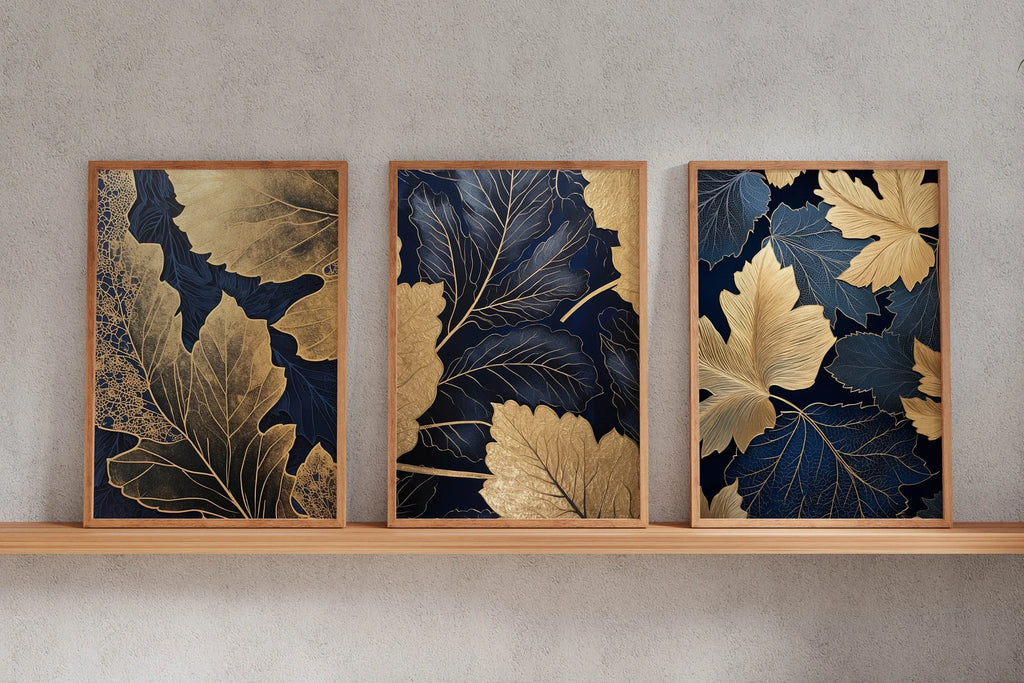 Navy blue and gold botanical leaf wall art set of 3 in elegant wooden frame