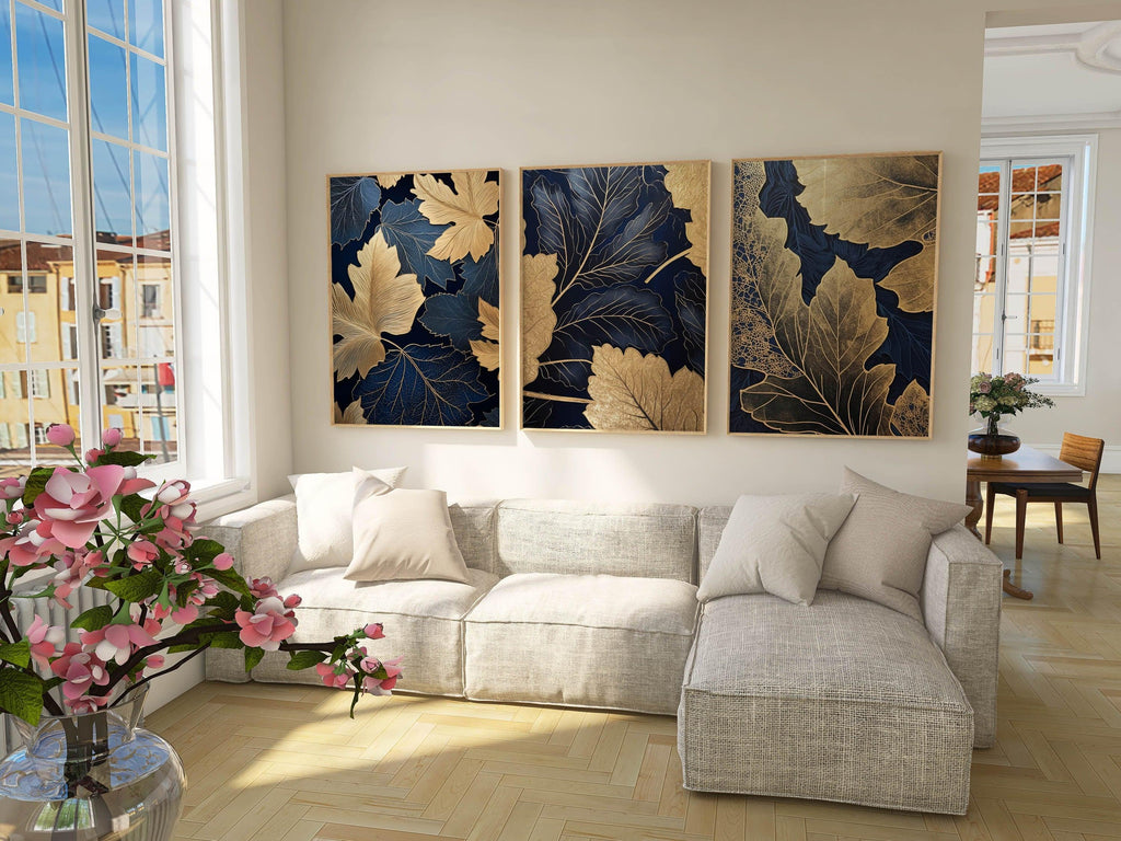 Navy blue and gold botanical leaf wall art set of 3 in elegant wooden frame