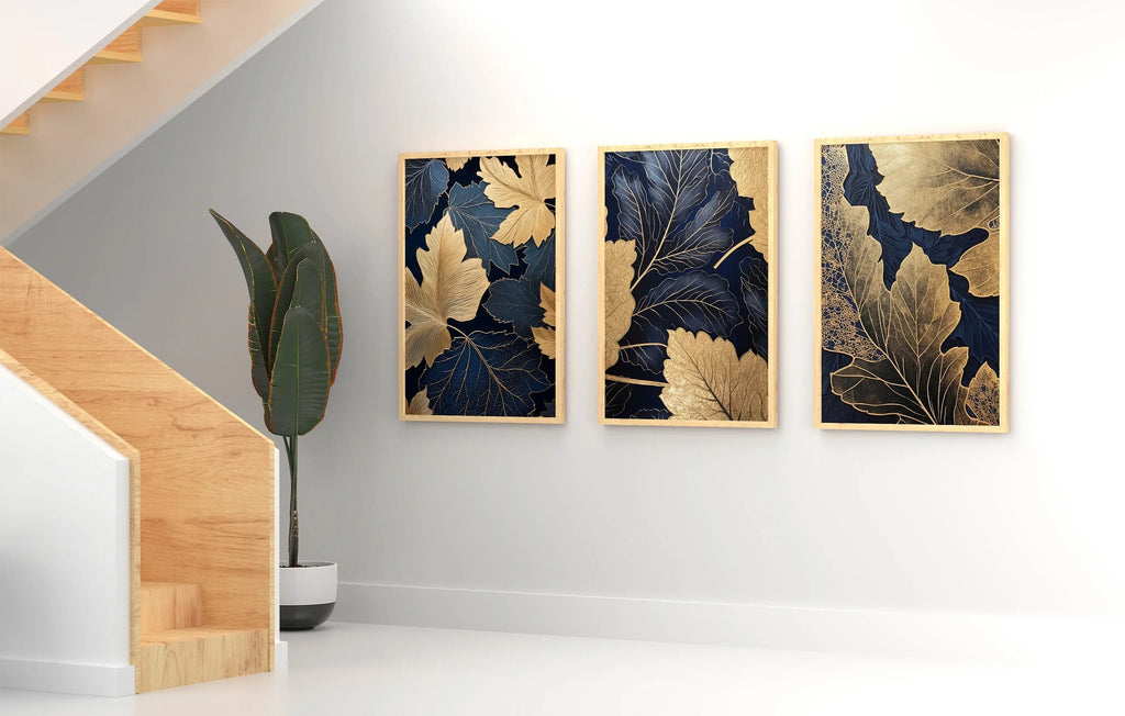 Navy blue and gold botanical leaf wall art set of 3 in elegant wooden frame